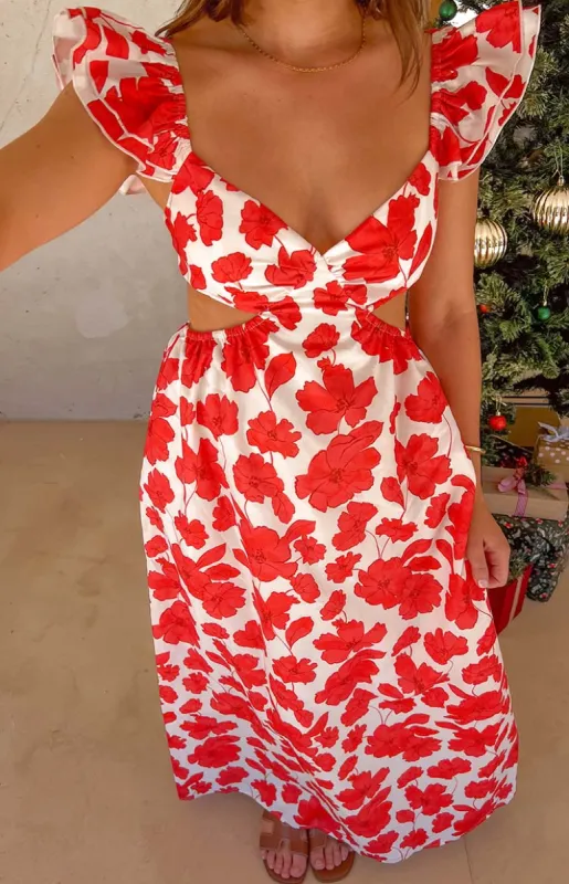 Kaden Red Anemone Floral Print Maxi Dress sold by Beginning Boutique