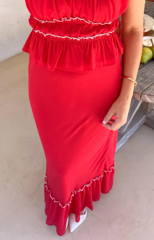 Wiatt Red Maxi Skirt sold by Beginning Boutique