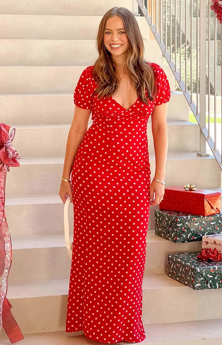 Lovella Red Polka Dot Maxi Dress sold by Beginning Boutique