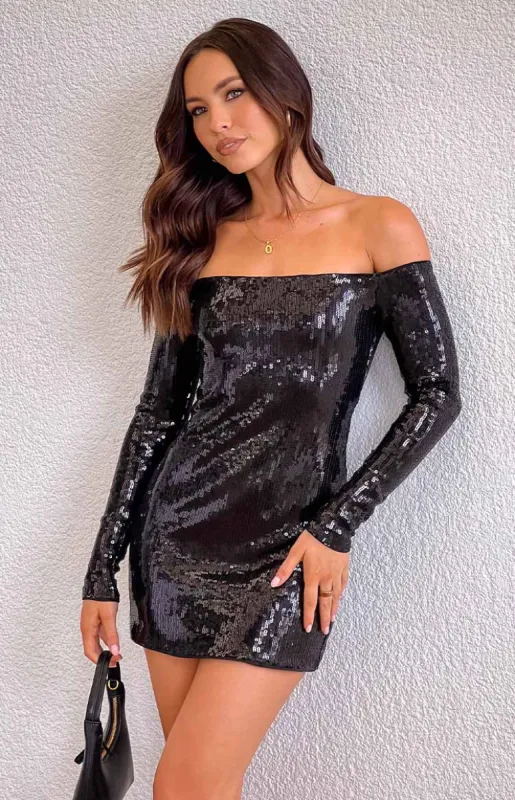 Jazmin Black Sequin Long Sleeve Mini Dress sold by Beginning Boutique