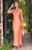 Ella Orange Off Shoulder Formal Dress sold by Beginning Boutique