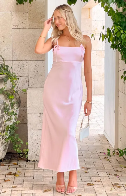 Zya Light Pink Satin Maxi Dress sold by Beginning Boutique