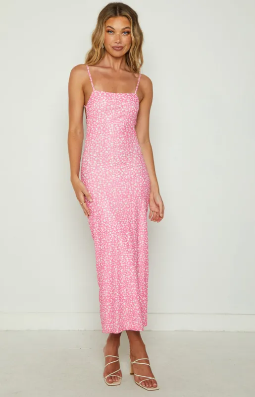 Joslyn Pink Floral Mesh Midi Dress sold by Beginning Boutique