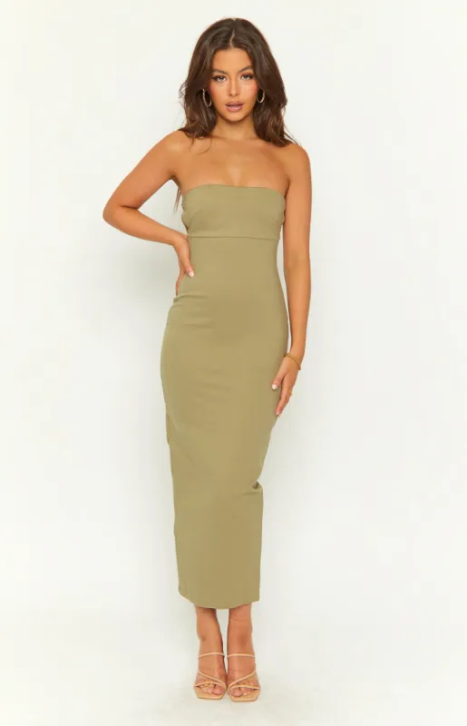 Elma Khaki Formal Midi Dress sold by Beginning Boutique