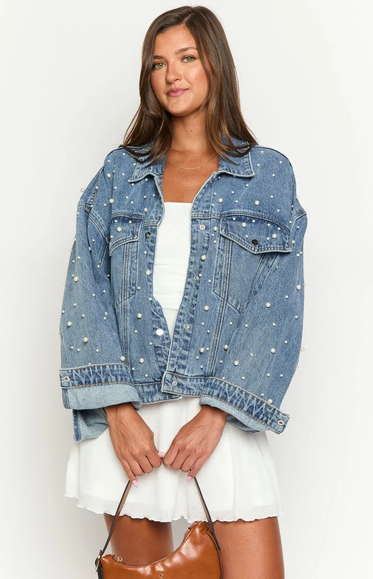 Denim Dazzle Pearl Mid Wash Denim Jacket sold by Beginning Boutique product image thumbnail 2