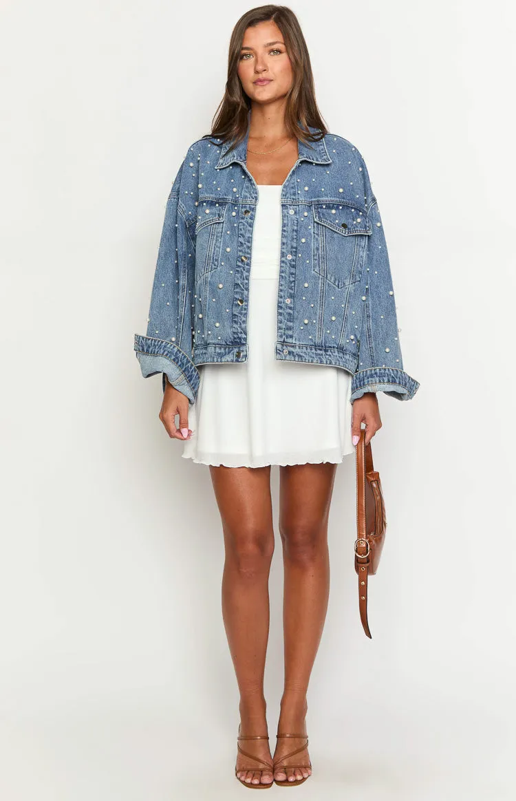 Denim Dazzle Pearl Mid Wash Denim Jacket sold by Beginning Boutique product image thumbnail 3