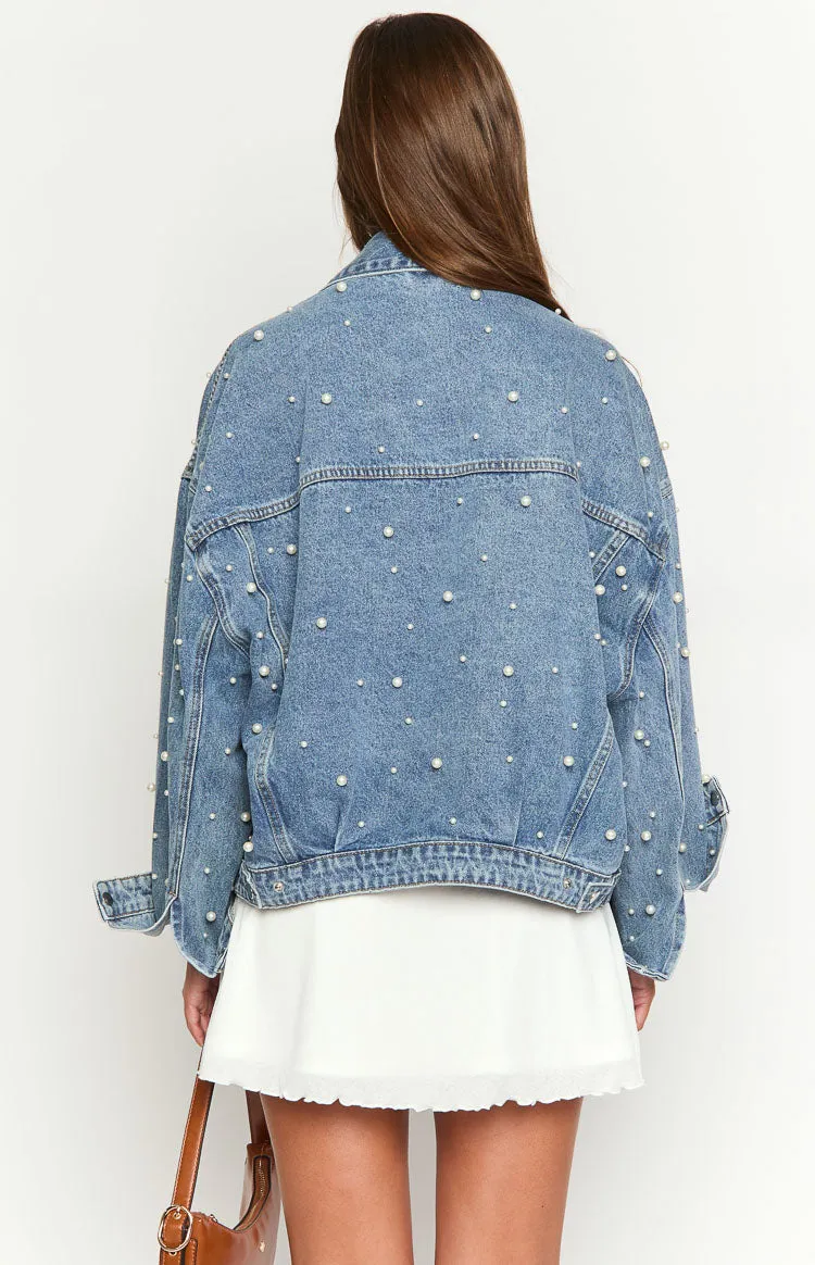 Denim Dazzle Pearl Mid Wash Denim Jacket sold by Beginning Boutique product image thumbnail 5