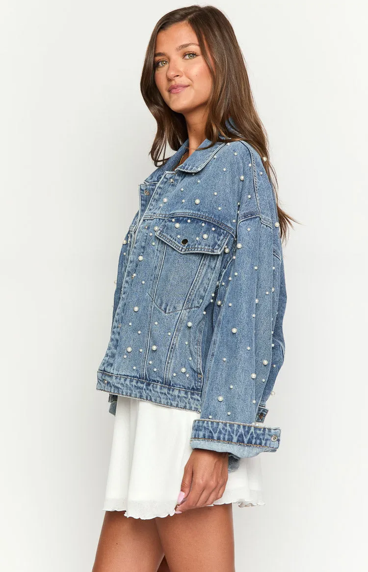 Denim Dazzle Pearl Mid Wash Denim Jacket sold by Beginning Boutique product image thumbnail 4