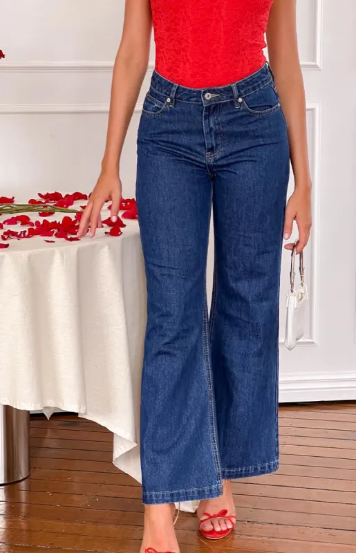 Lenny Dark Blue Denim Flare Jeans sold by Beginning Boutique