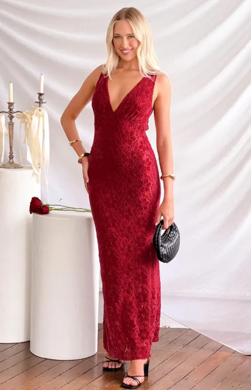 Farida Red Lace Maxi Dress sold by Beginning Boutique