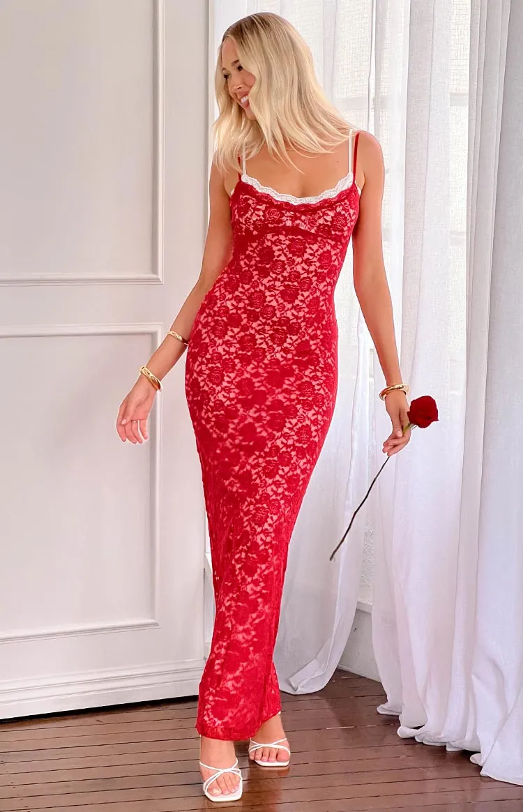 Kata Red Lace Maxi Dress sold by Beginning Boutique