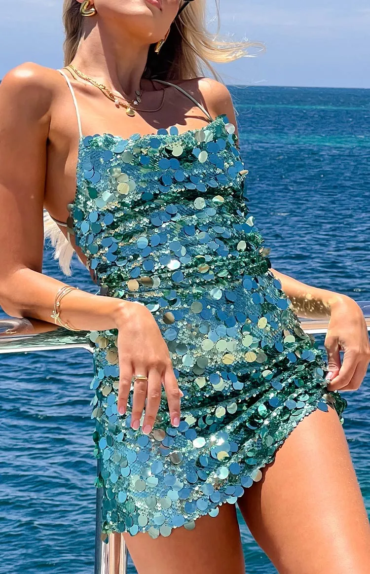 Come And Get It Aqua Sequin Party Mini Dress sold by Beginning Boutique