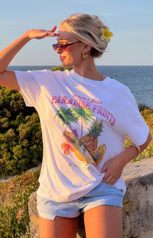 Beginning Paradise Fruits White Tee sold by Beginning Boutique