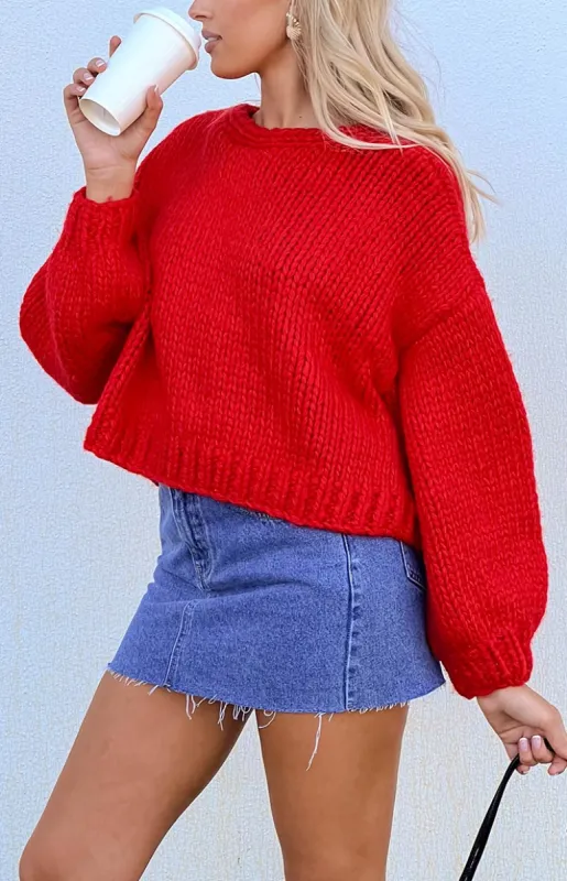 Holiday Red Tie Up Knit Cardigan sold by Beginning Boutique