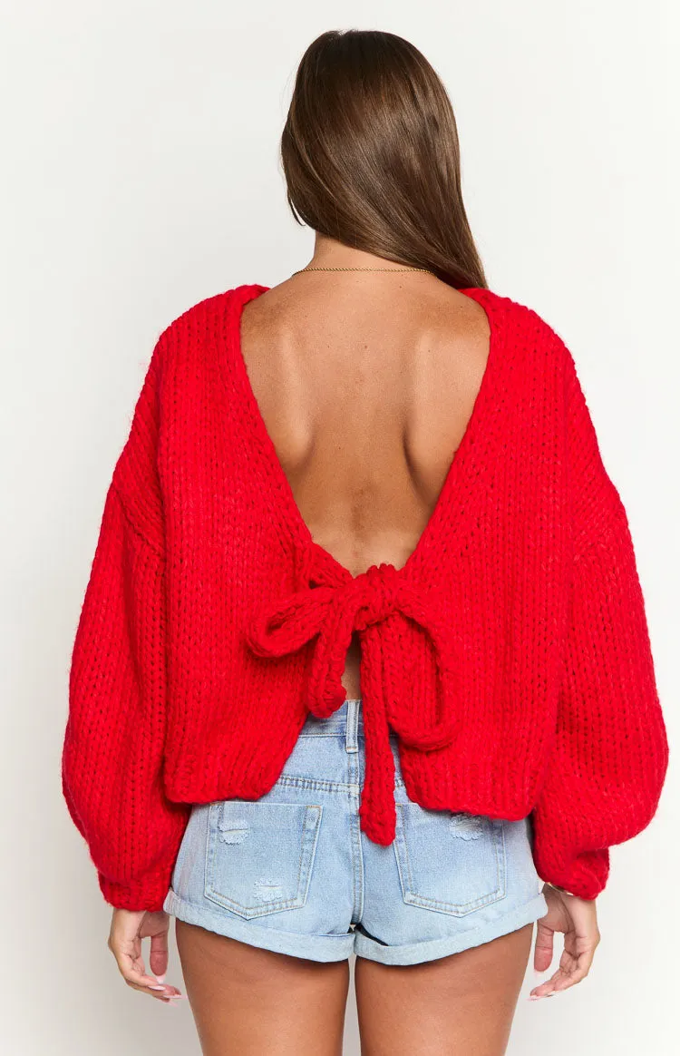 Holiday Red Tie Up Knit Cardigan sold by Beginning Boutique product image thumbnail 5