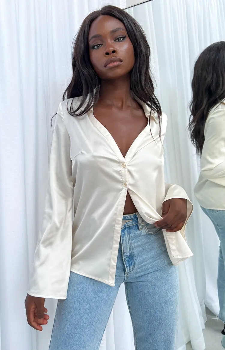 Khan Cream Satin Shirt sold by Beginning Boutique