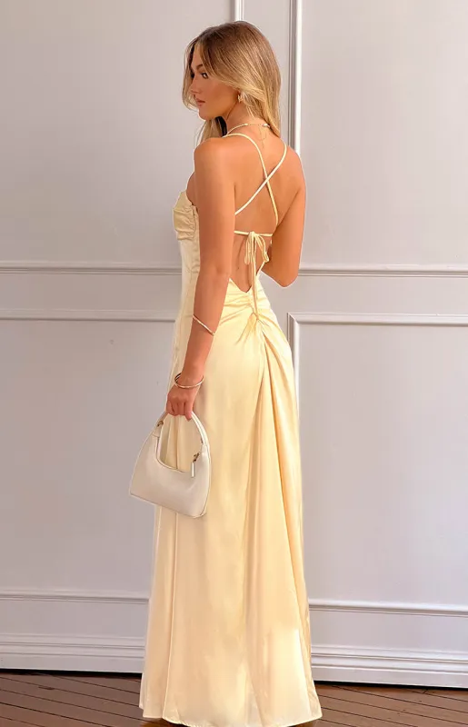 Blaise Yellow Satin Maxi Dress sold by Beginning Boutique