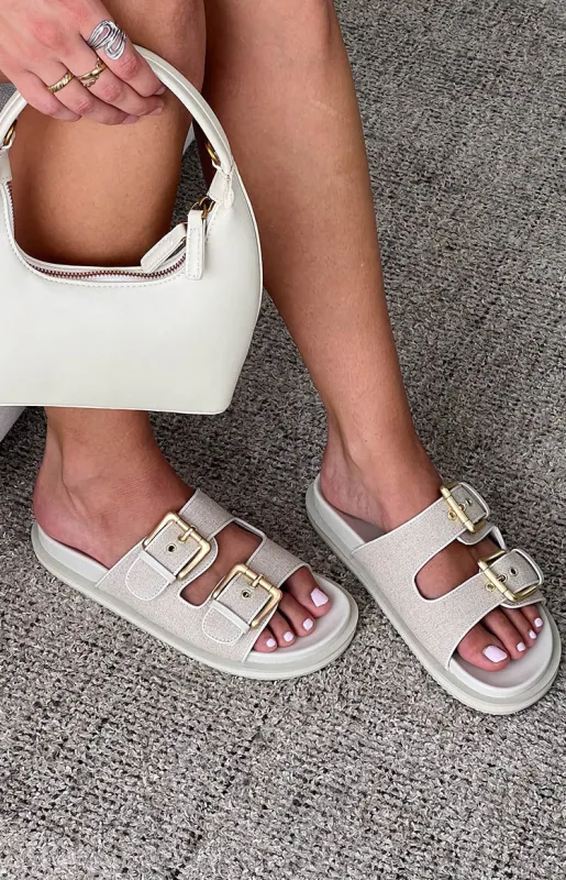 Billini Tenzin Cream Linen Slides sold by Beginning Boutique