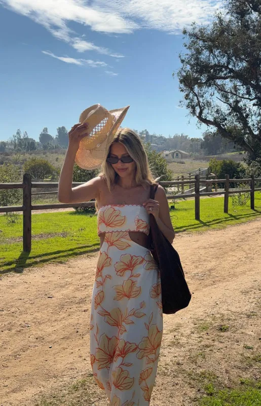 Coen Orange Floral Strapless Maxi Dress sold by Beginning Boutique