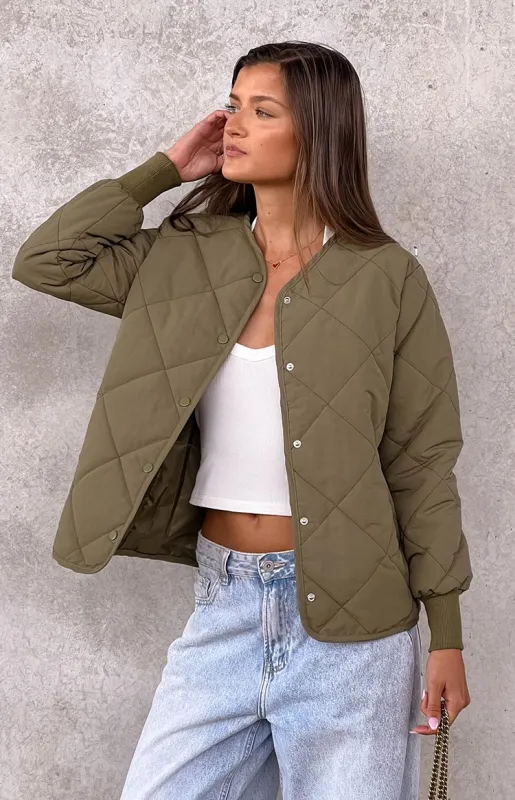 Steph Khaki Quilted Bomber Jacket sold by Beginning Boutique