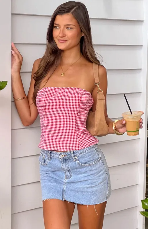 Paisley Red Gingham Strapless Top sold by Beginning Boutique