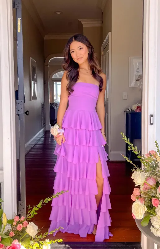 Kim Magenta Strapless Ruffle Prom Dress made by Beginning Boutique