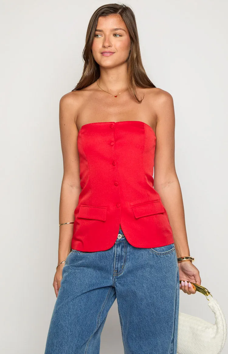 Dien Red Strapless Button Up Top sold by Beginning Boutique product image thumbnail 2