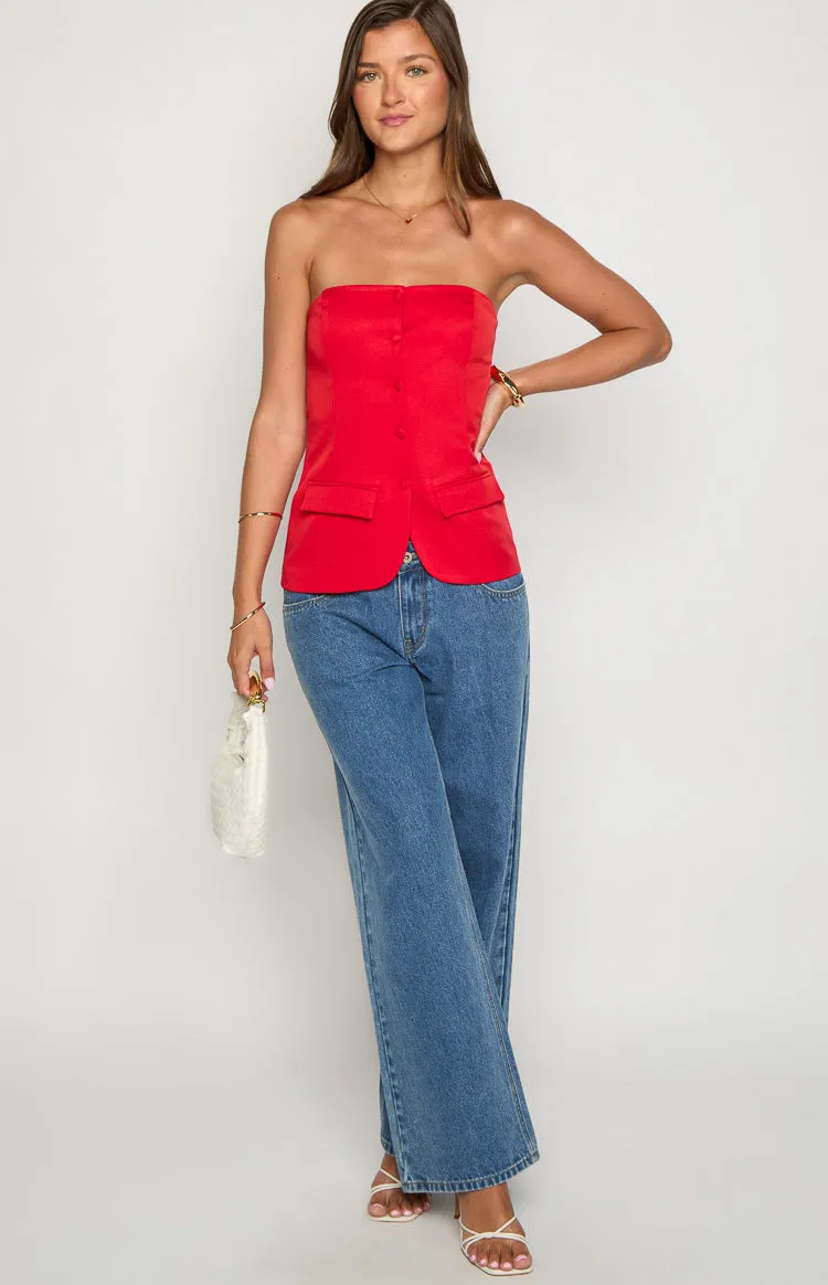 Dien Red Strapless Button Up Top sold by Beginning Boutique product image thumbnail 3