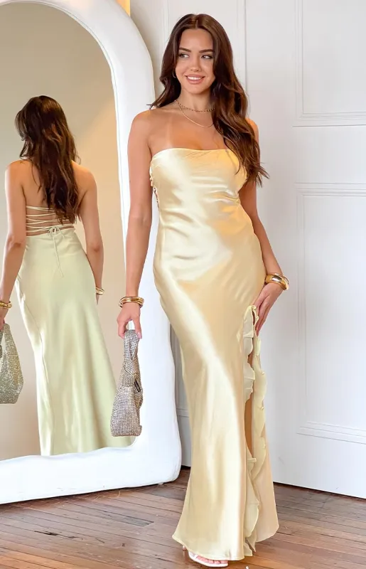 Mackenna Yellow Strapless Maxi Dress made by Beginning Boutique