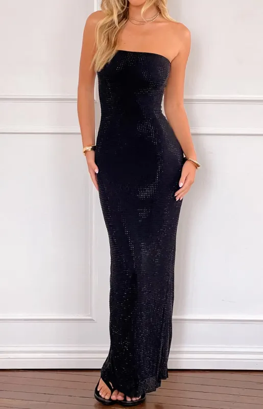 Lulana Black Strapless Rhinestone Maxi Dress sold by Beginning Boutique