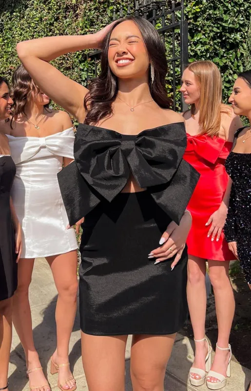 Nadia Black Bow Mini Dress sold by Beginning Boutique