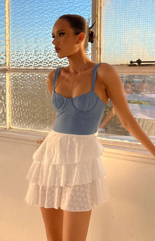 Fashion Flare Light Wash Denim Corset Mini Dress sold by Beginning Boutique