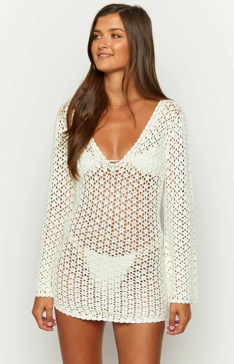 Alessia White Crochet Knit Long Sleeve Mini Dress sold by Beginning Boutique product image thumbnail 4