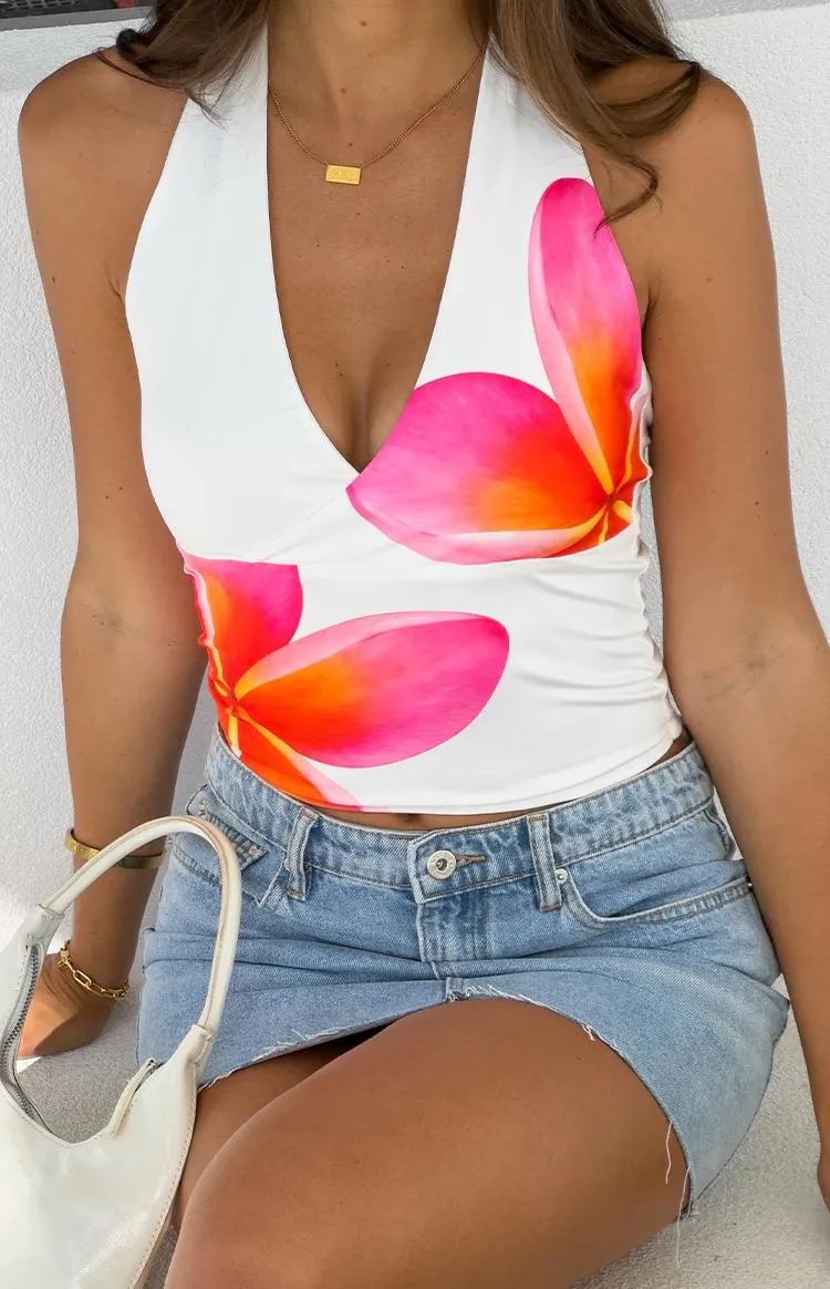 Amora White Frangipani Print Halter Top sold by Beginning Boutique