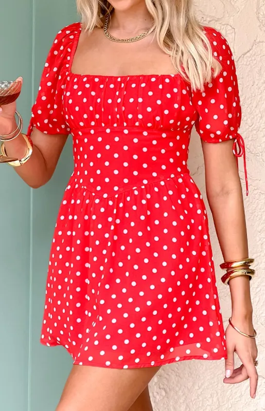 Danyal Red Polka Dot Mini Dress sold by Beginning Boutique