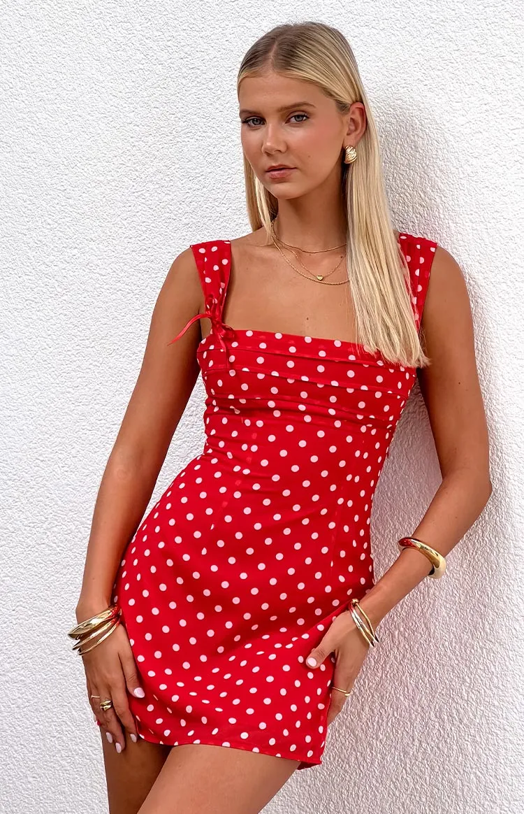 Layla Red Polka Dot Tie Back Mini Dress sold by Beginning Boutique