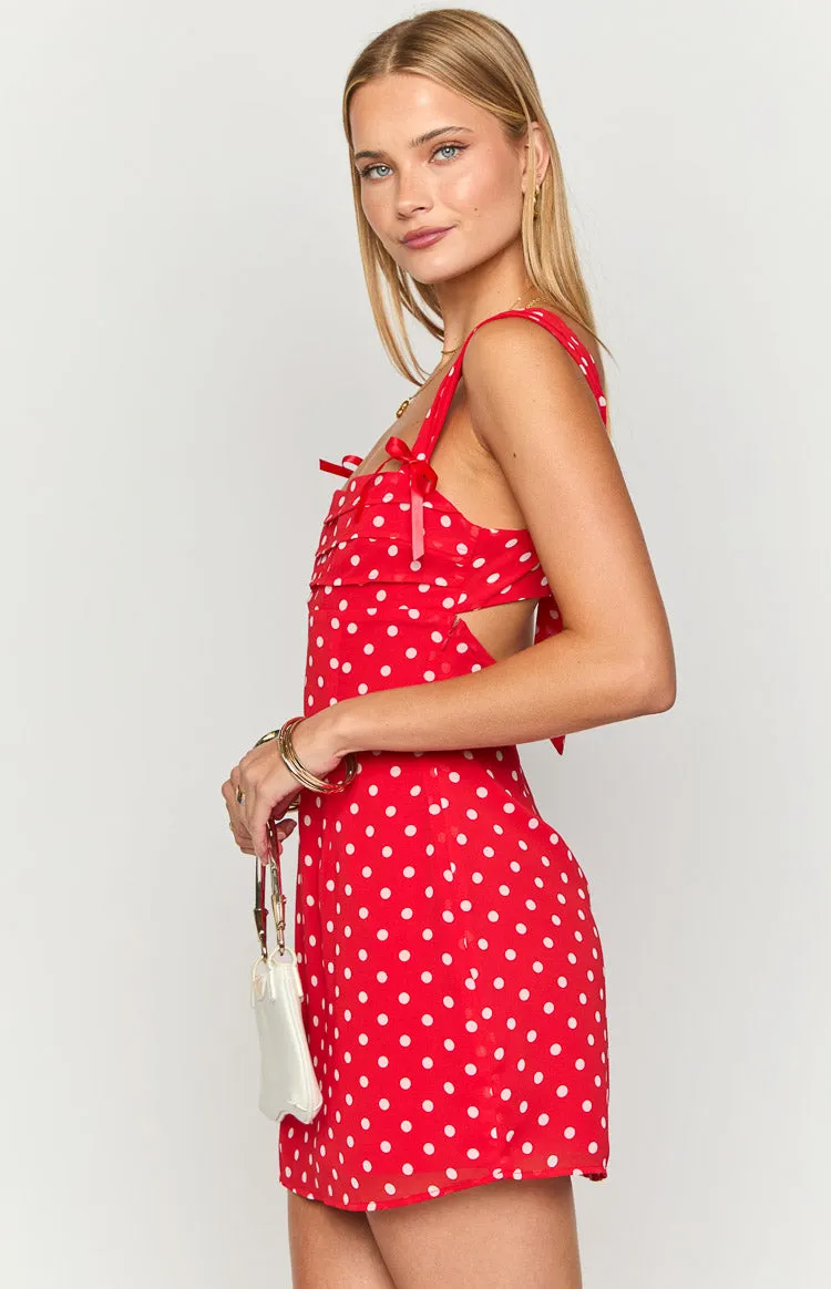 Layla Red Polka Dot Tie Back Mini Dress sold by Beginning Boutique product image thumbnail 4