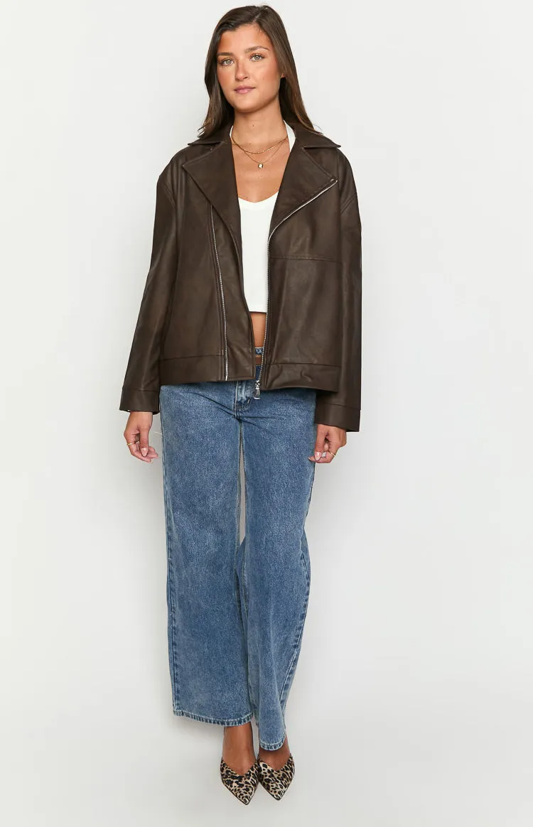 Rochelle PU Chocolate Brown Oversized Biker Jacket sold by Beginning Boutique product image thumbnail 3