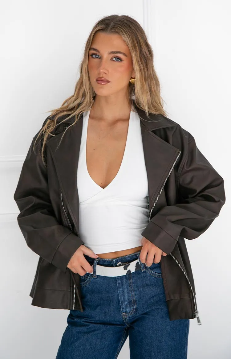 Rochelle PU Chocolate Brown Oversized Biker Jacket sold by Beginning Boutique
