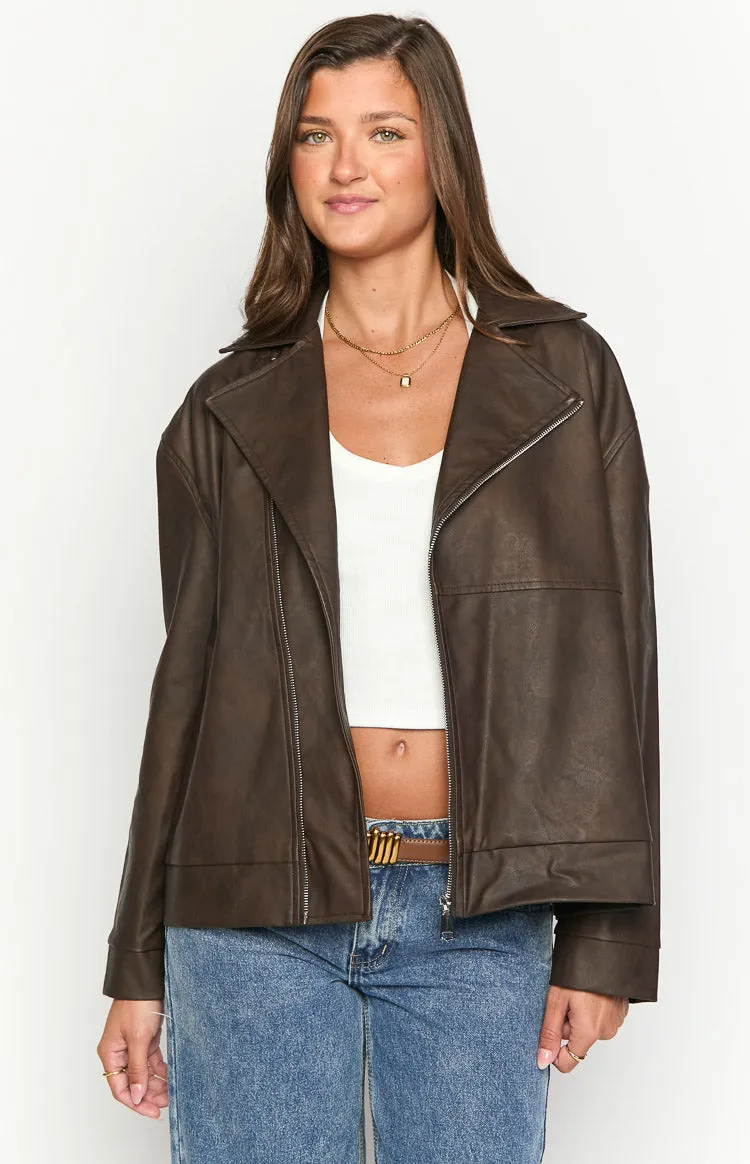 Rochelle PU Chocolate Brown Oversized Biker Jacket sold by Beginning Boutique product image thumbnail 2