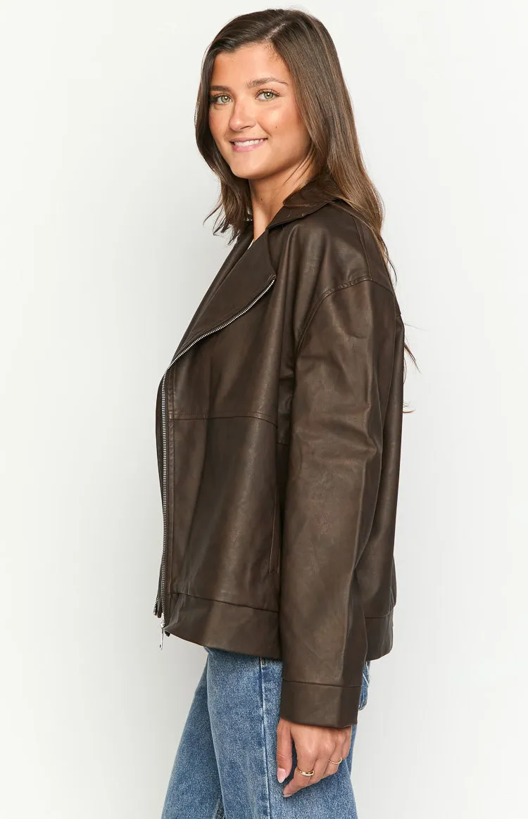 Rochelle PU Chocolate Brown Oversized Biker Jacket sold by Beginning Boutique product image thumbnail 4