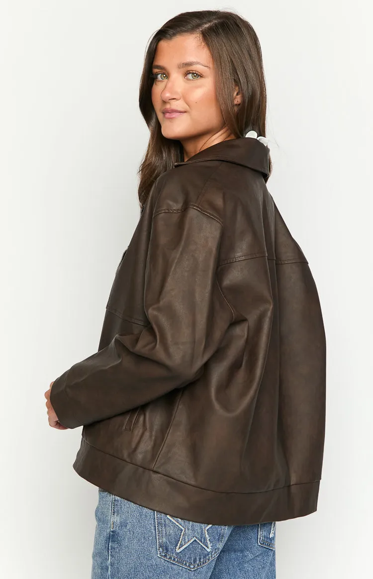 Rochelle PU Chocolate Brown Oversized Biker Jacket sold by Beginning Boutique product image thumbnail 5