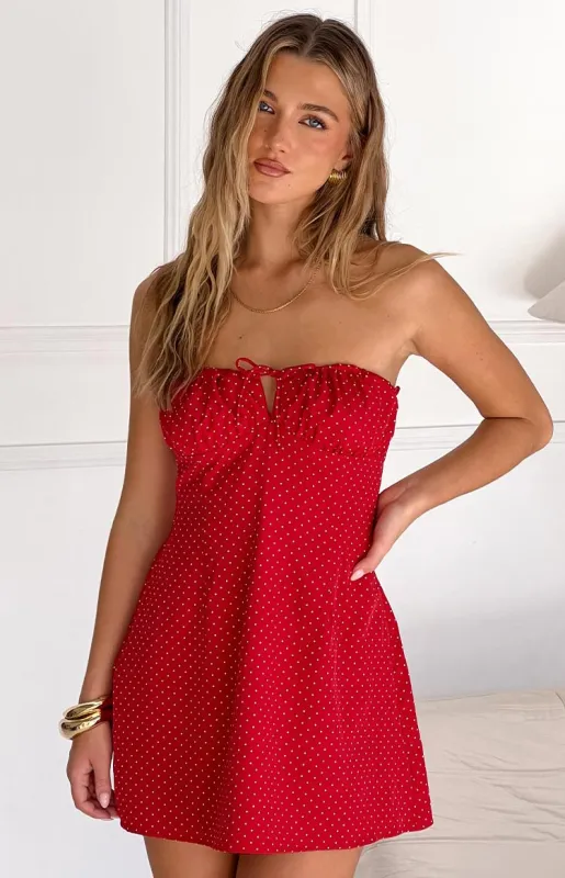 Faith Red Polka Dot Strapless Mini Dress sold by Beginning Boutique