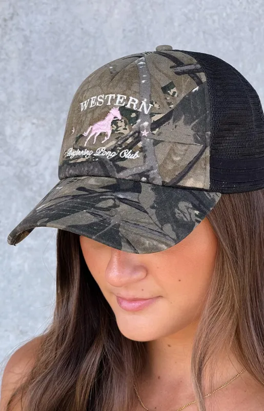 Beginning Camo Print Pony Club Trucker Cap sold by Beginning Boutique