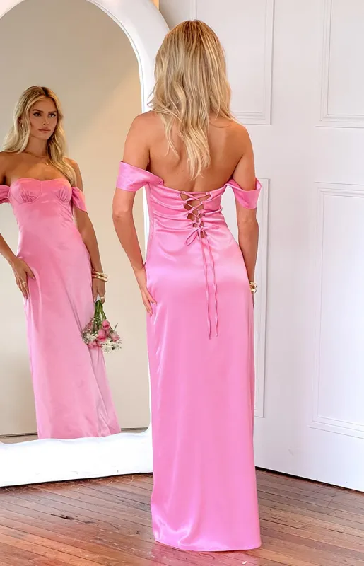 Naveah Pink Off Shoulder Maxi Dress sold by Beginning Boutique