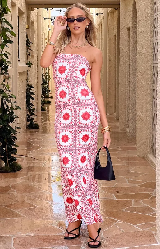 Arizona Red Tile Print Maxi Dress sold by Beginning Boutique