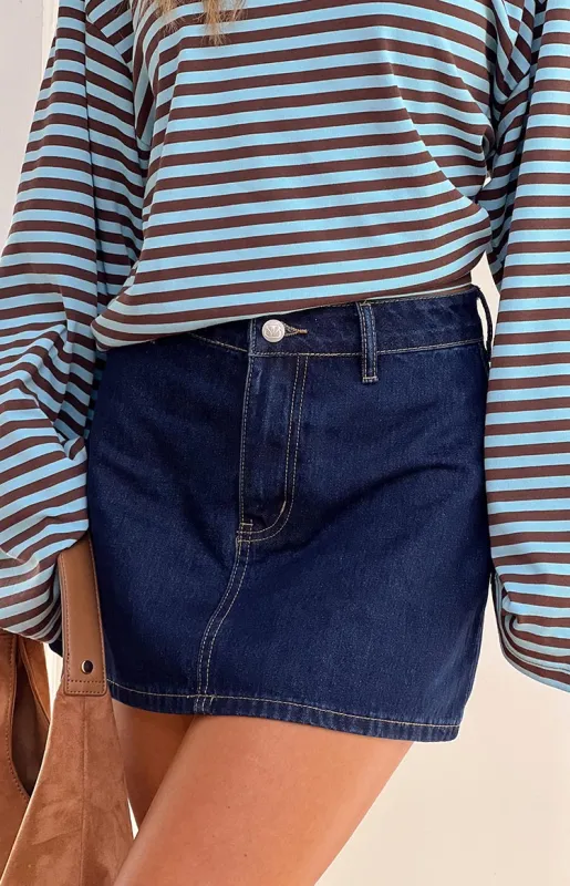 Penny Dark Denim Mini Skirt sold by Beginning Boutique