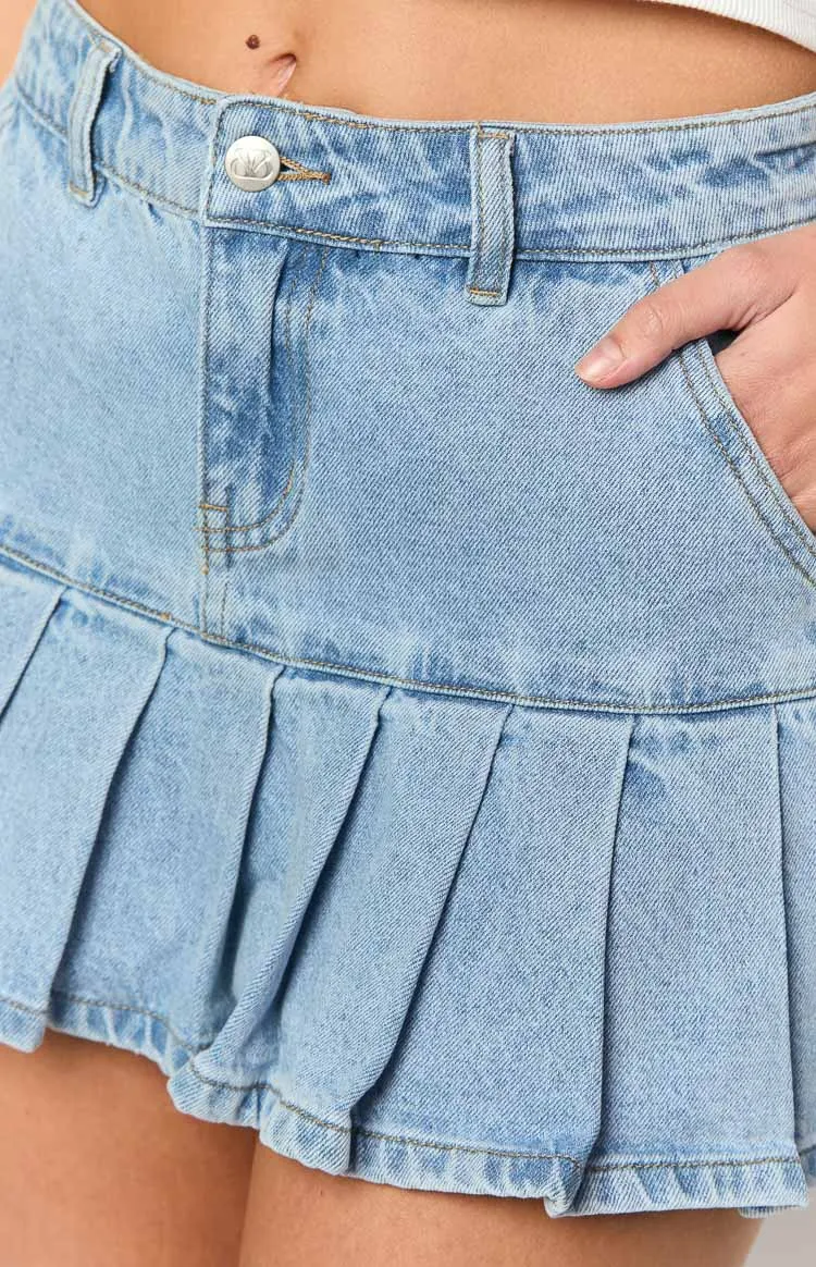 Julia Light Wash Pleated Denim Mini Skirt sold by Beginning Boutique product image thumbnail 5