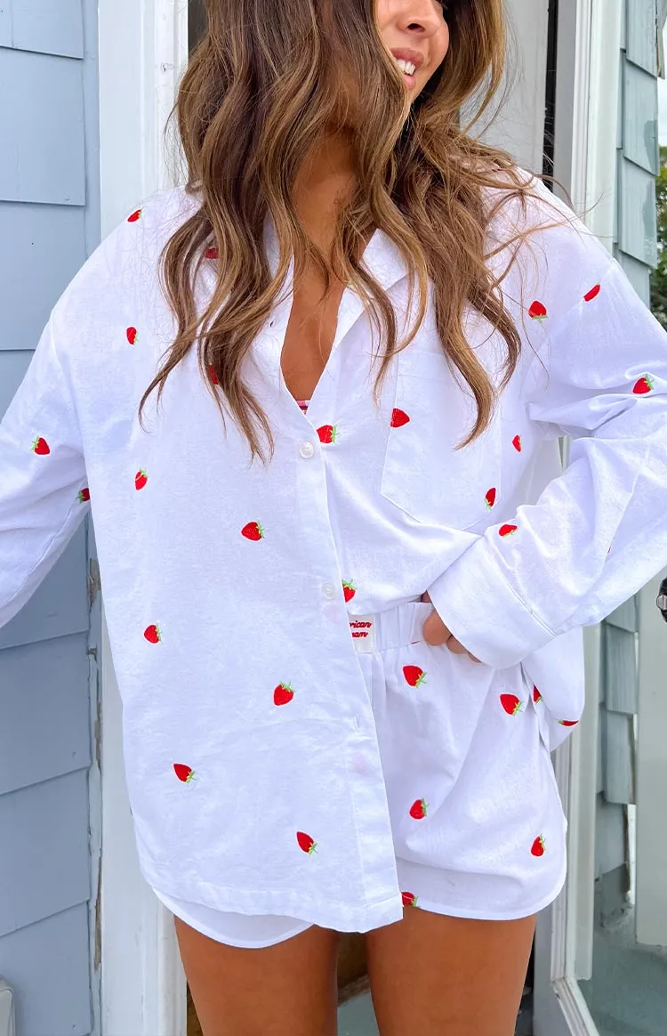 Margarita White Strawberry Embroidered Long Sleeve Shirt sold by Beginning Boutique