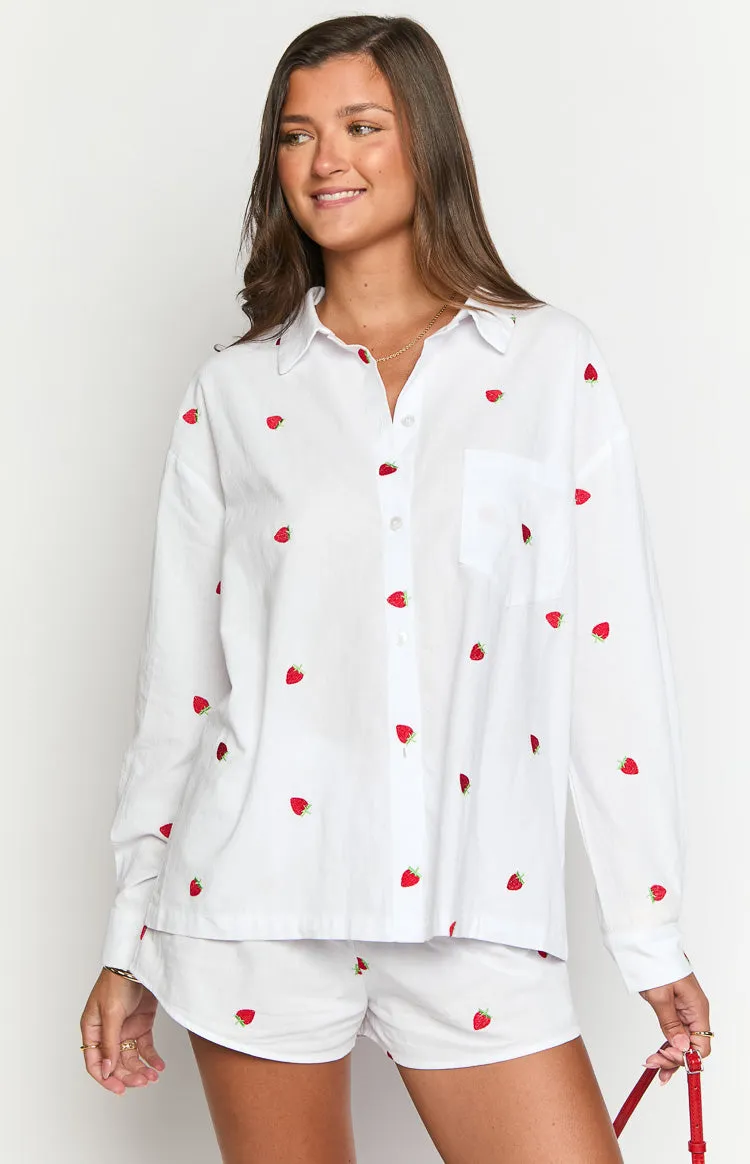 Margarita White Strawberry Embroidered Long Sleeve Shirt sold by Beginning Boutique product image thumbnail 2
